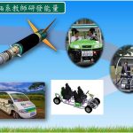 這張圖片展示了車輛系教師的研發能力，包含火箭技術和電動車設計的成果。圖片中有火箭剖面圖、電動車照片和設計圖，顯示了教師在不同領域的研發成果。