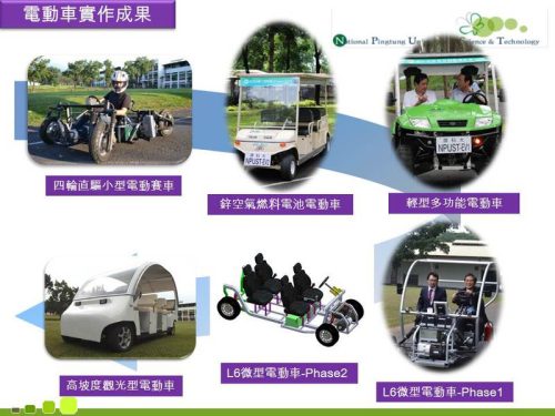 這張圖片展示了國立屏東科技大學的電動車實作成果。圖片中有六種不同類型的電動車，展示了該大學在電動車技術方面的多樣化研究和創新。包括四輪直驅小型電動賽車、鋅空氣燃料電池電動車等。